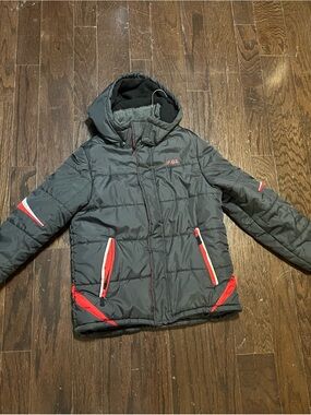 Kids Insulated Hooded Puffer Jacket - Gray with Red Accents